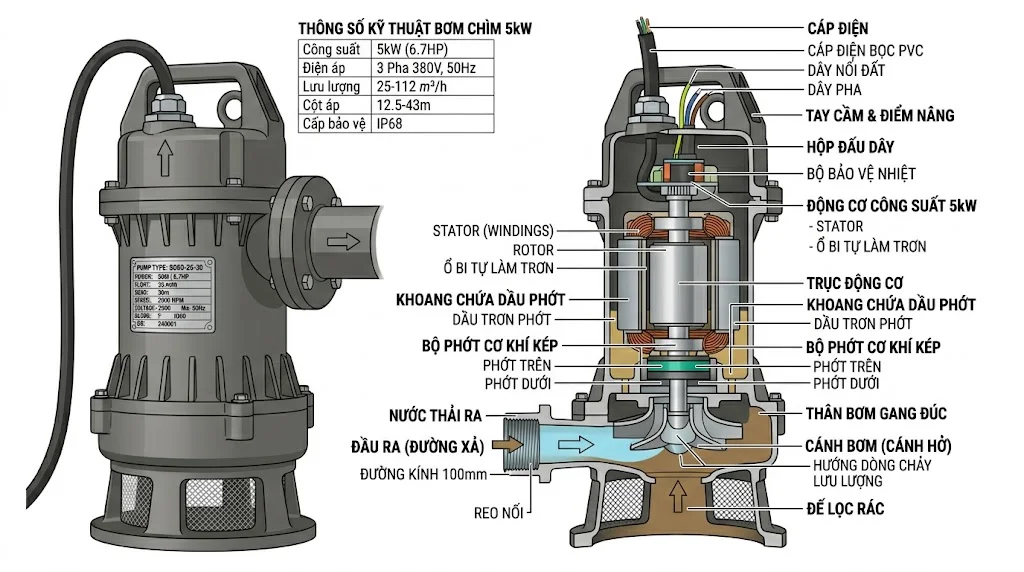 Cấu tạo bơm chìm là 5kw