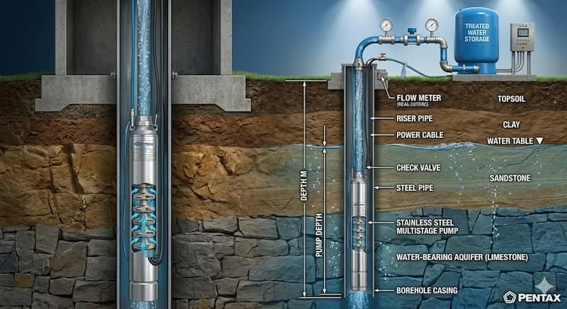 Ảnh lắp đặt bơm chìm hỏa tiễn trong giếng khoan