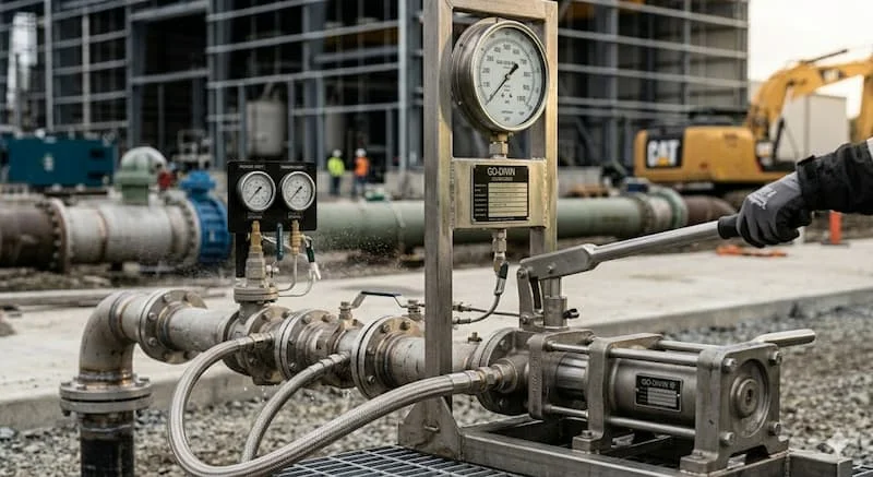 Ảnh bơm test áp lực đang test đường ống