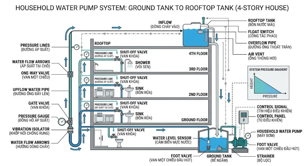 Sơ đồ hoạt động bơm nước lên nhà tầng