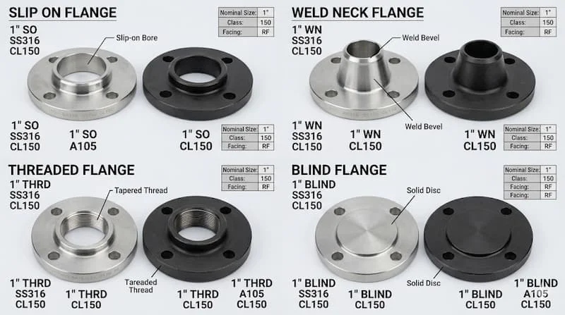 Ảnh so sánh các loại flange 1 inch