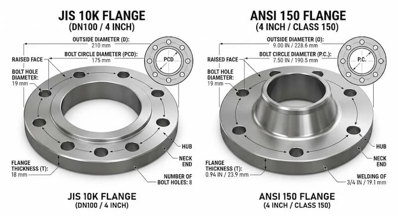 So sánh flange JIS10K và ANSI 150