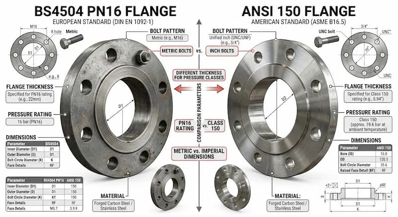 Ảnh so sánh BS4504 PN16 và ANSI 150 flange