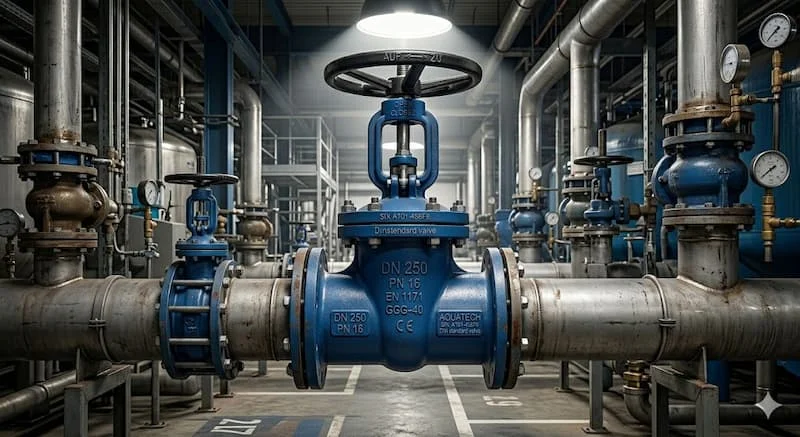 Ảnh DIN gate valve trong hệ thống công nghiệp