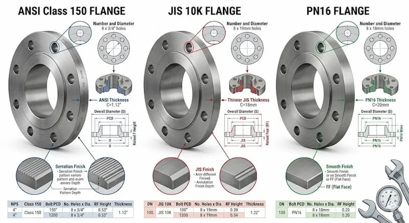 Ảnh so sánh flange 150 với JIS 10K và PN16
