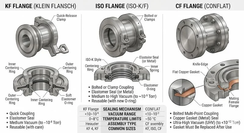 So sánh KF, ISO và CF vacuum flanges